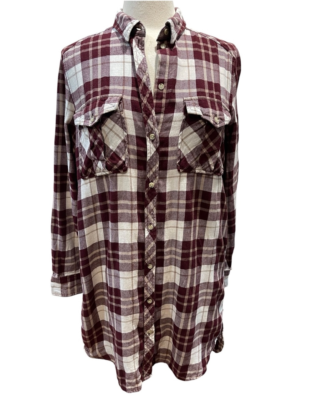 Aritzia Wilfred Free Plaid Flannel Shirt Dress SZ M Burgundy White
